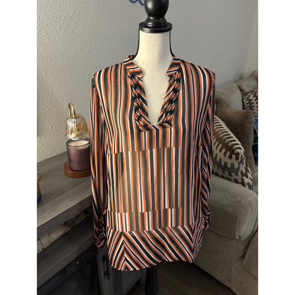 Cabi women's medium sheer long sleeve top orange green gray‎ black striped